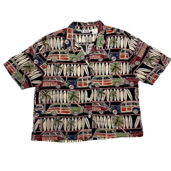 Weekend Clothes Line Hawaiian Shirt Button Up Retro Cars Surfboards Multicolor - Picture 1 of 11